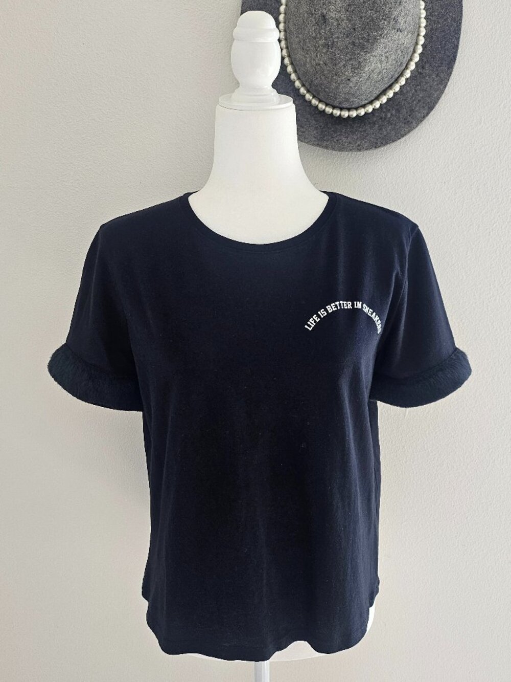 ZARA TRF Black Graphic Tee with Faux Fur Cuff Trim Size L